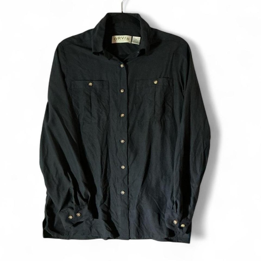 Orvis Womens 100%‎ Silk Button Down Shirt Black Long Sleeve Dark Academia M 01XR